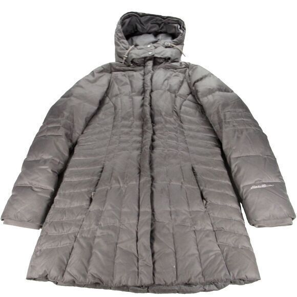 Eddie Bauer Jacket Women Medium Gray Down Puffer Pockets Snap Zip Long Coat Hood